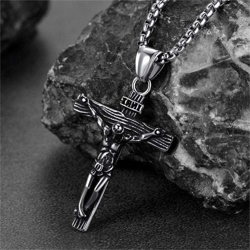 Flat Box Chain & Jesus Cross Layered Necklaces Set for Men