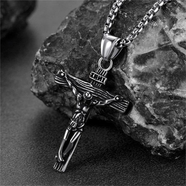Flat Box Chain & Jesus Cross Layered Necklaces Set for Men
