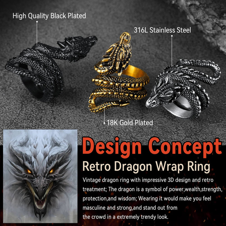 Punk Coiled Dragon Stainless Steel Ring for Men and Women