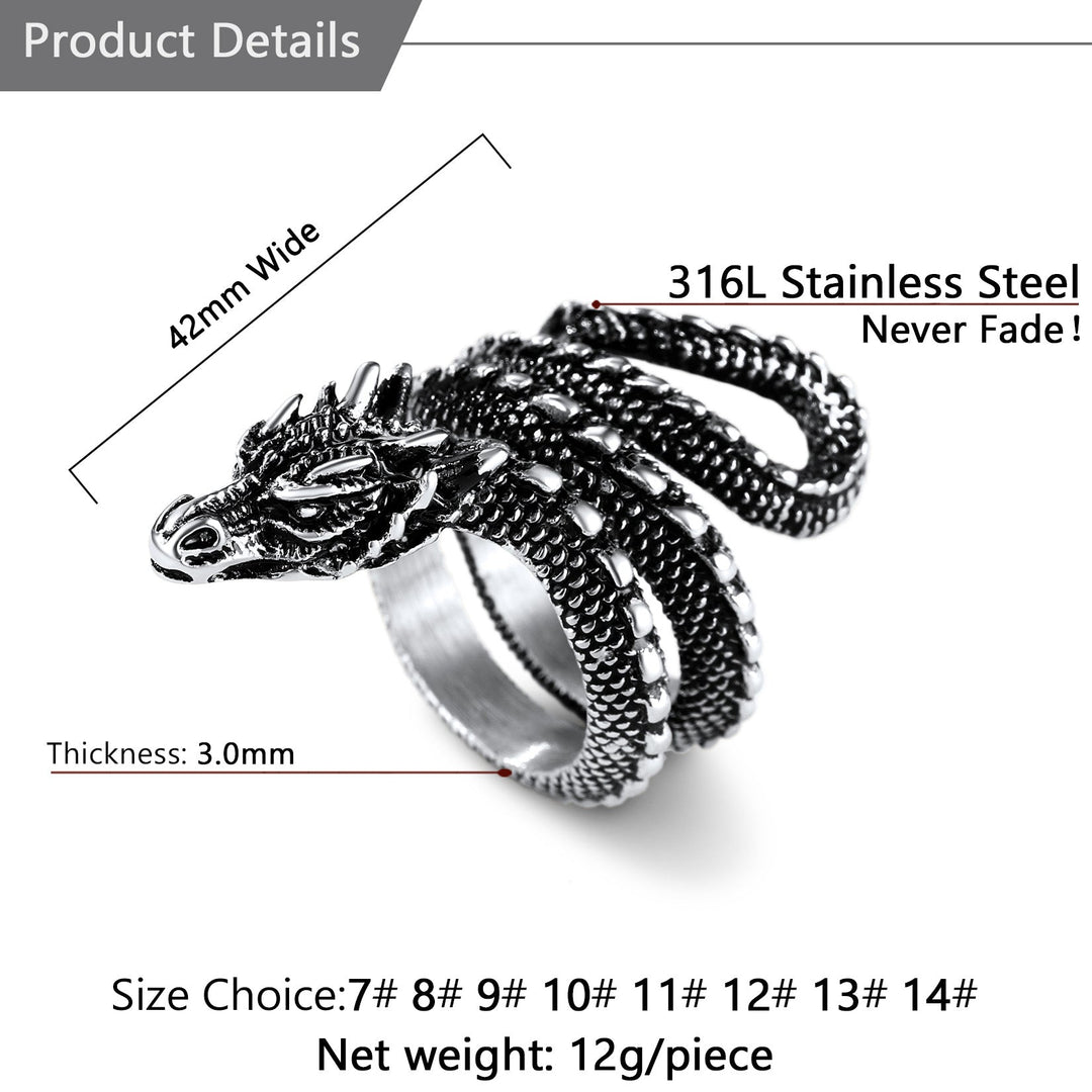 Punk Coiled Dragon Stainless Steel Ring for Men and Women