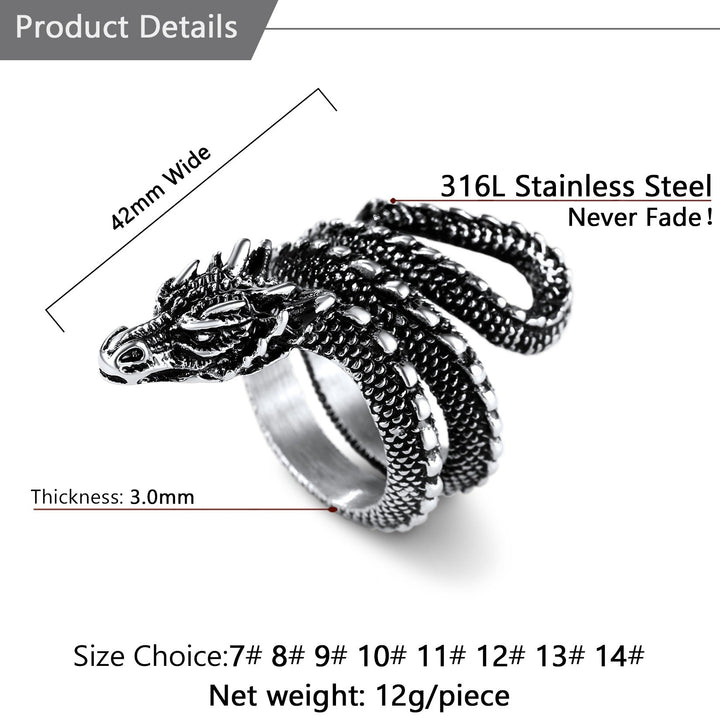 Punk Coiled Dragon Stainless Steel Ring for Men and Women