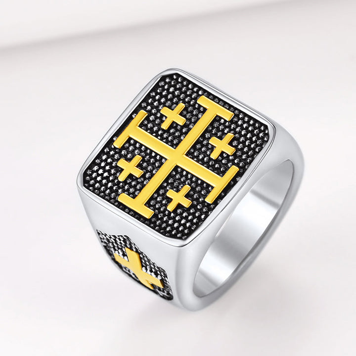FaithHeart Jerusalem Cross Signet Ring For Men