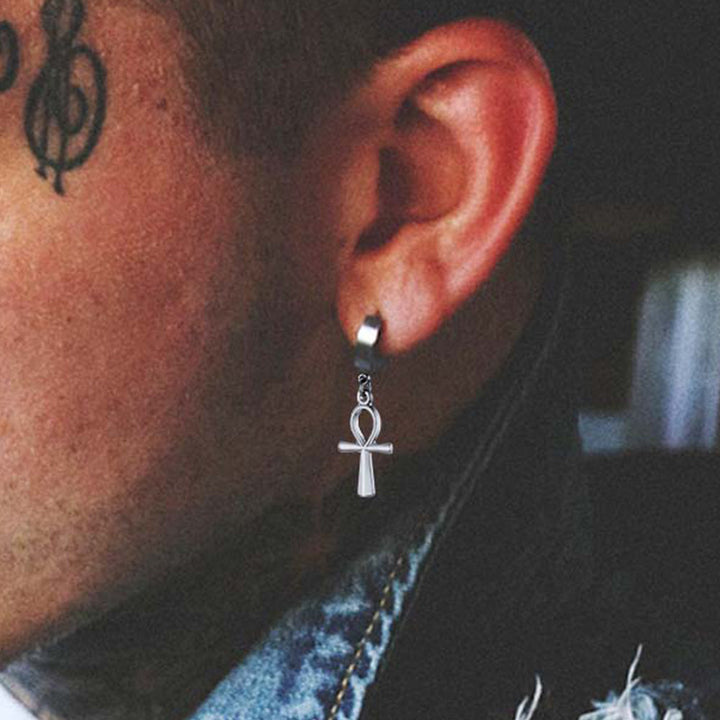 Ankh Cross Dangle Hoop Earrings for Men Women