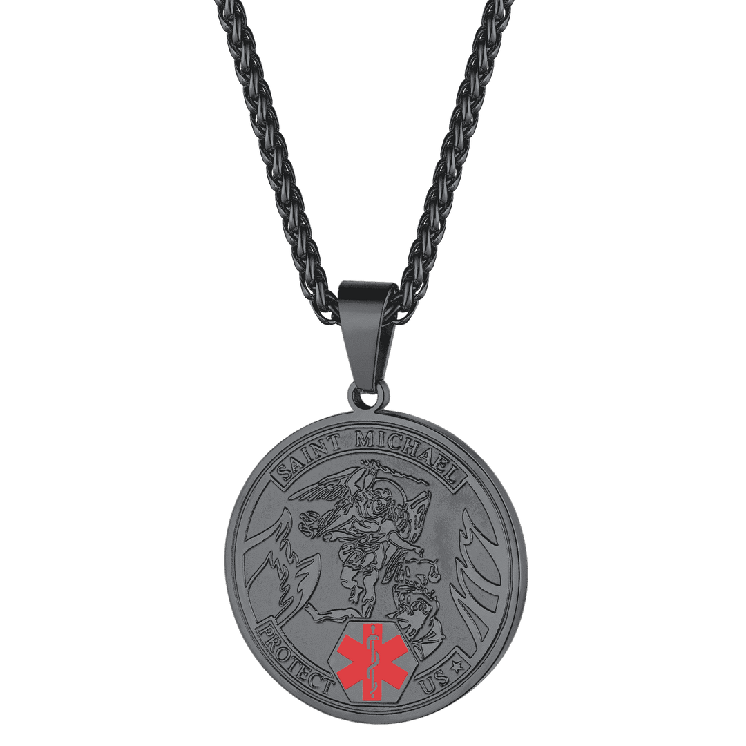 Engraved Saint Michael Medical Alert ID Pendant Necklace