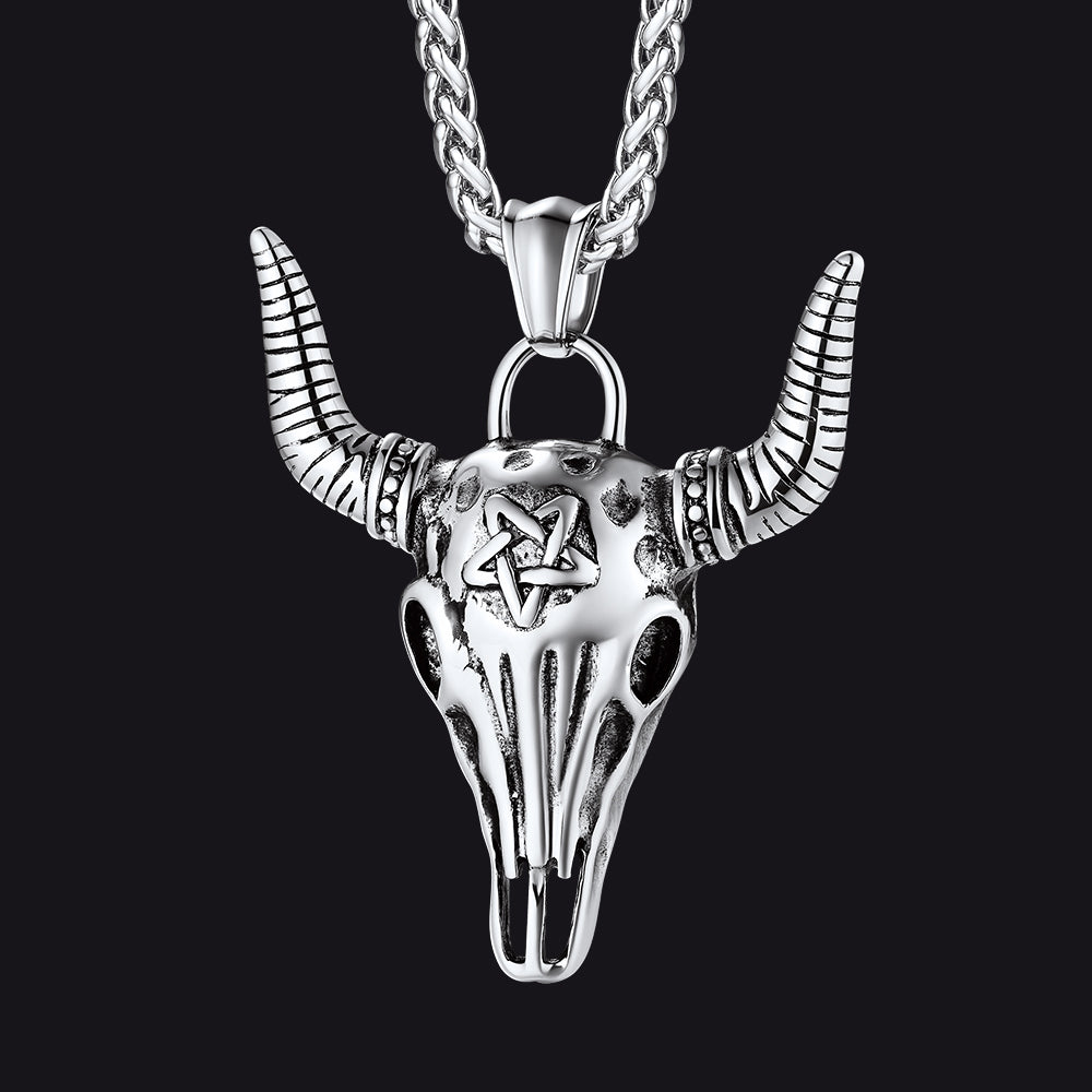 Flash Sale Satanic Bull Cow Skull Necklace with Invert Pentagram for Men
