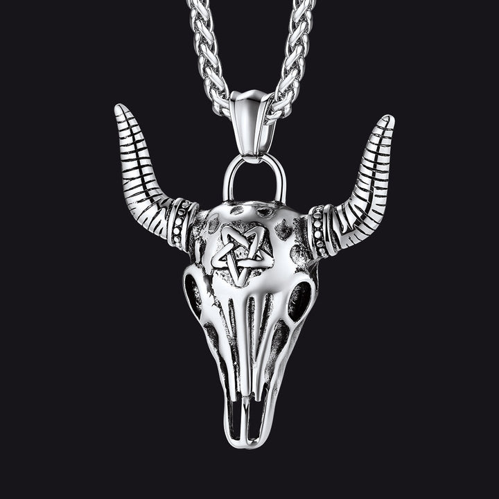 Flash Sale Satanic Bull Cow Skull Necklace with Invert Pentagram for Men