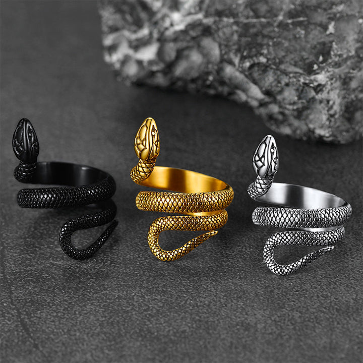Punk Coiled Snake Stainless Steel Ring for Men and Women