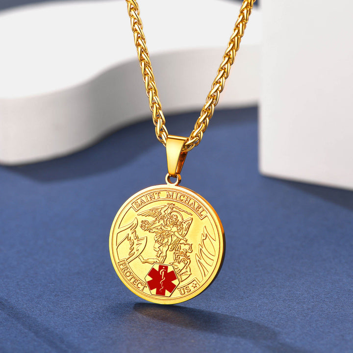 Engraved Saint Michael Medical Alert ID Pendant Necklace