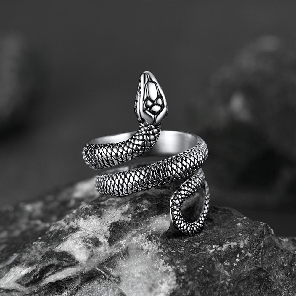 Punk Coiled Snake Stainless Steel Ring for Men and Women
