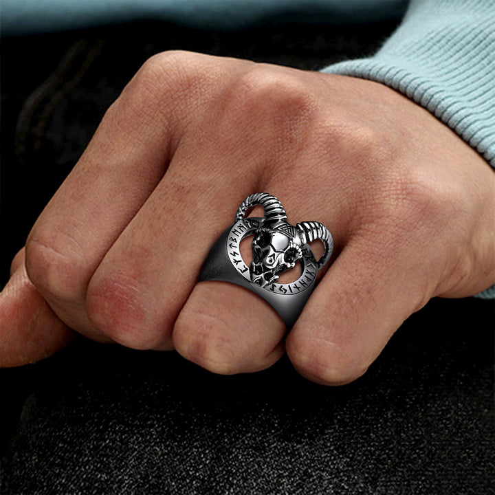 Satanic Goat Skull Ring With Viking Runes For Men