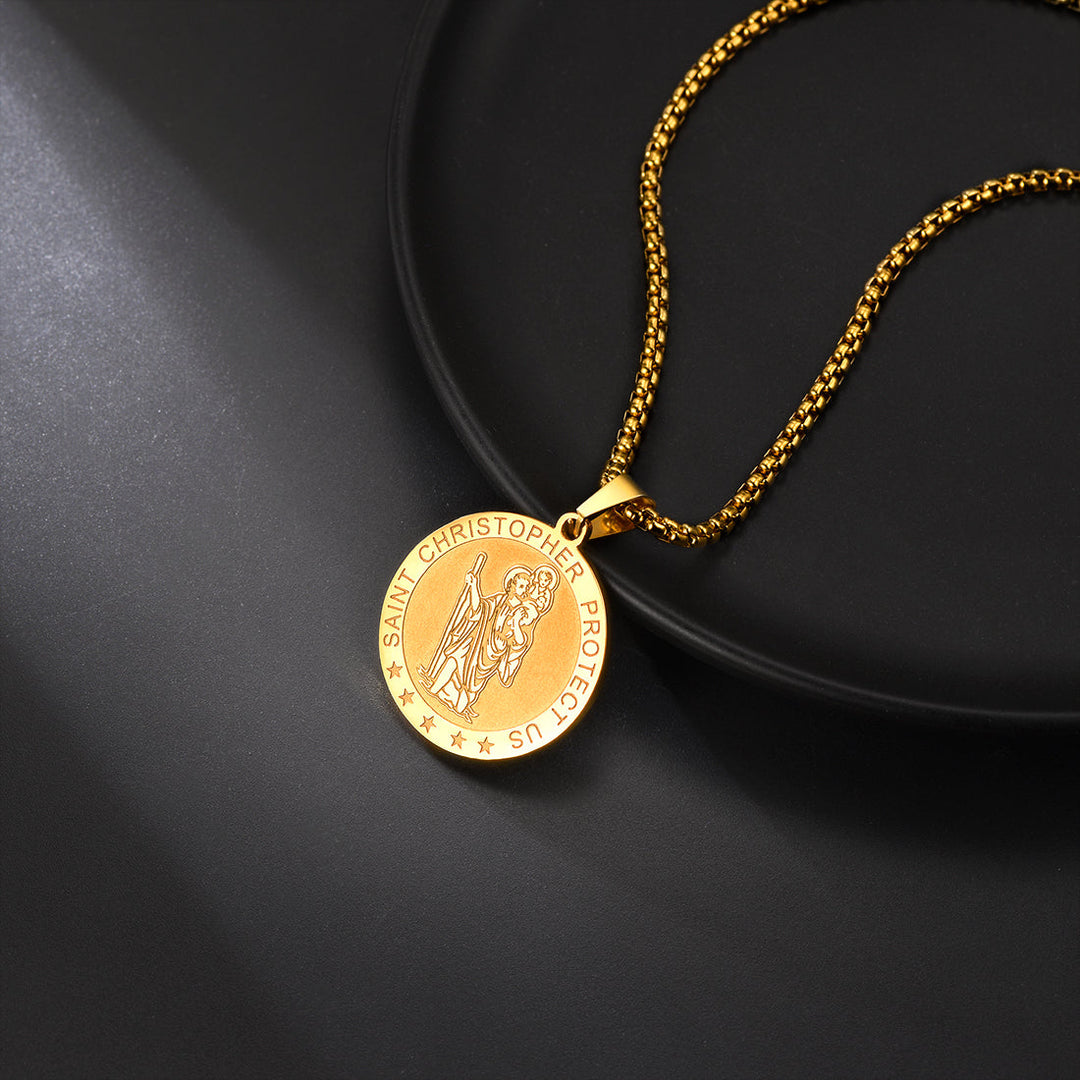 Round St. Christopher Medallion Necklace For Men