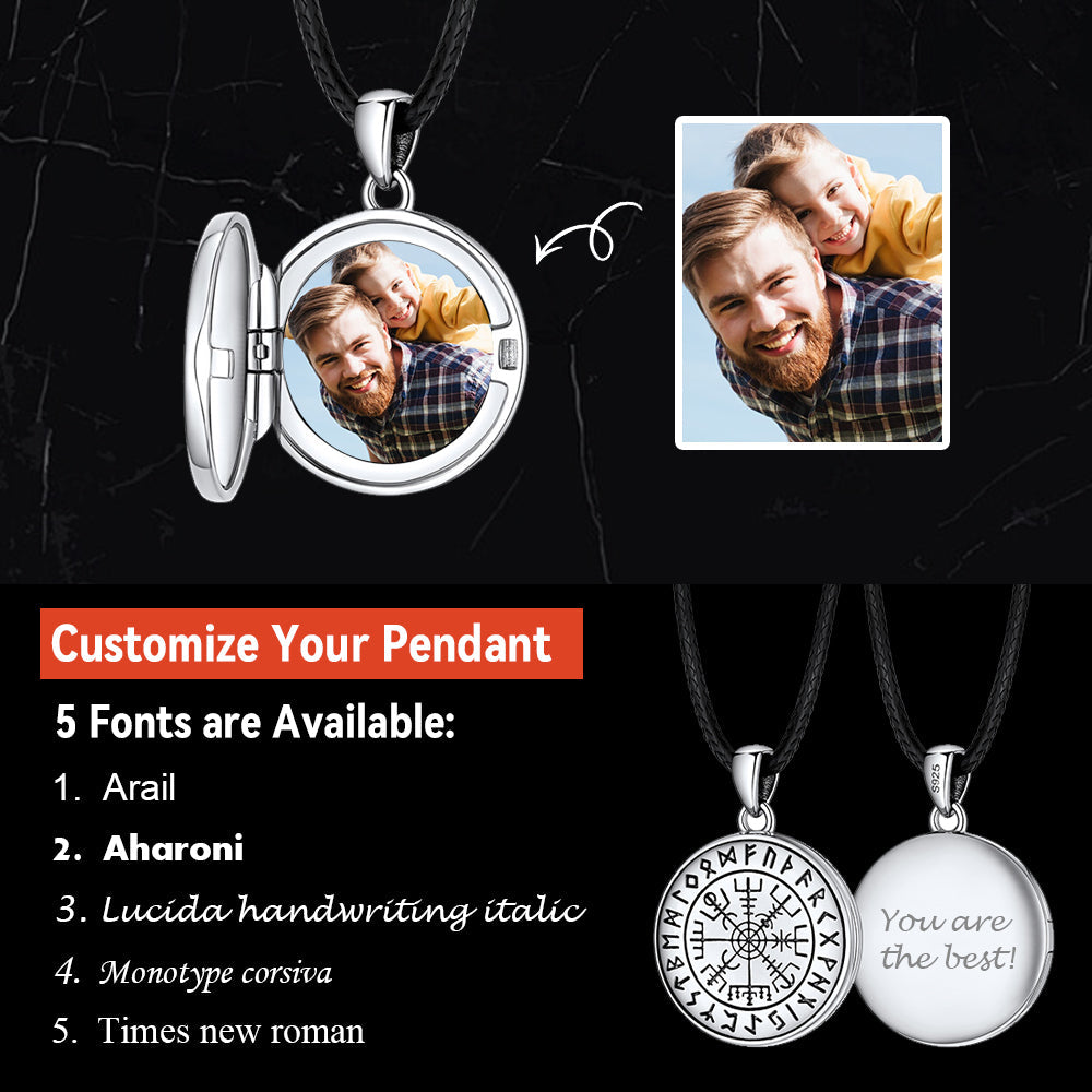 Personalized Photo Locket Necklace with Viking Compass for Men