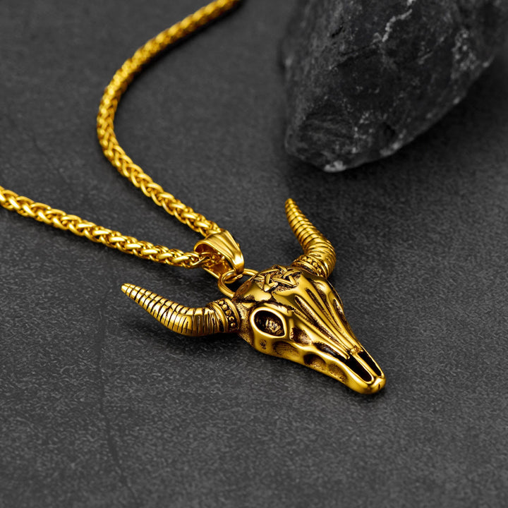 Flash Sale Satanic Bull Cow Skull Necklace with Invert Pentagram for Men