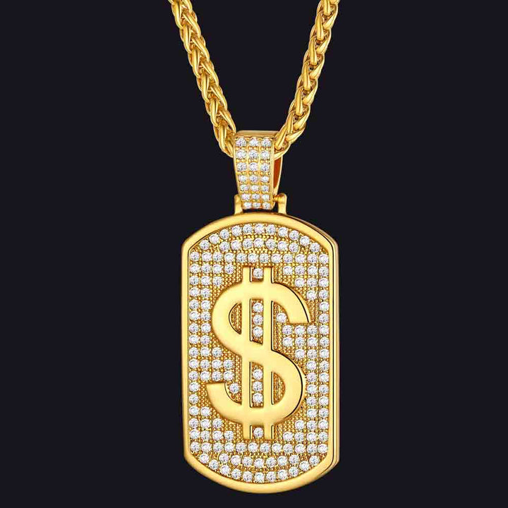 Dollar Cubic Zirconia Bling Dog Tag Necklace for Men Women