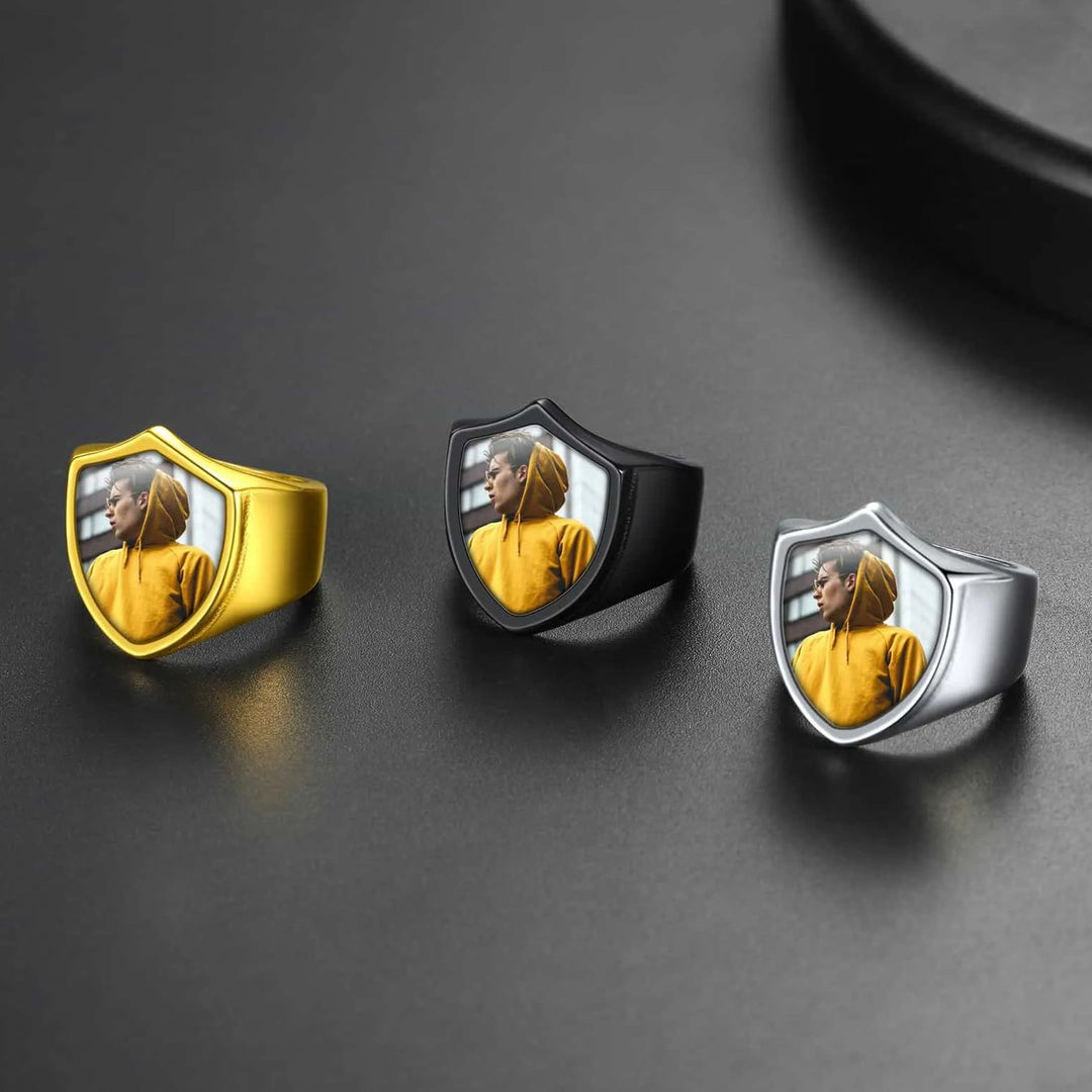 Customized Shield Signet Ring with Photo Memorial Gift for Men and Women