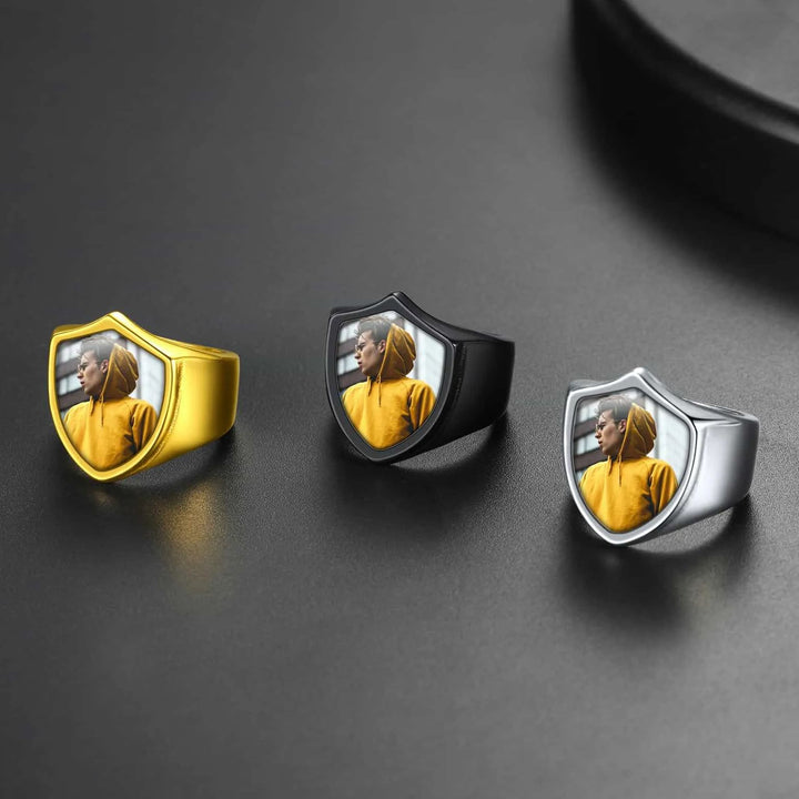 Customized Shield Signet Ring with Photo Memorial Gift for Men and Women