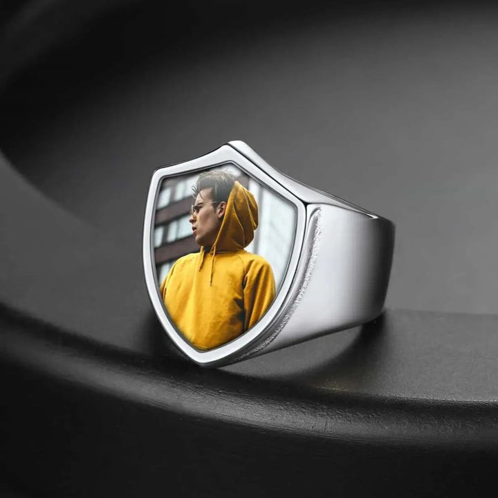 Customized Shield Signet Ring with Photo Memorial Gift for Men and Women