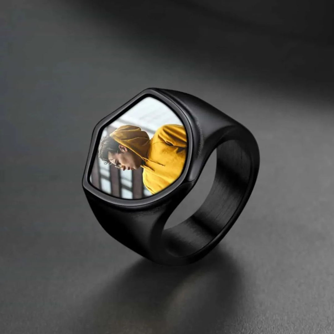 Customized Shield Signet Ring with Photo Memorial Gift for Men and Women