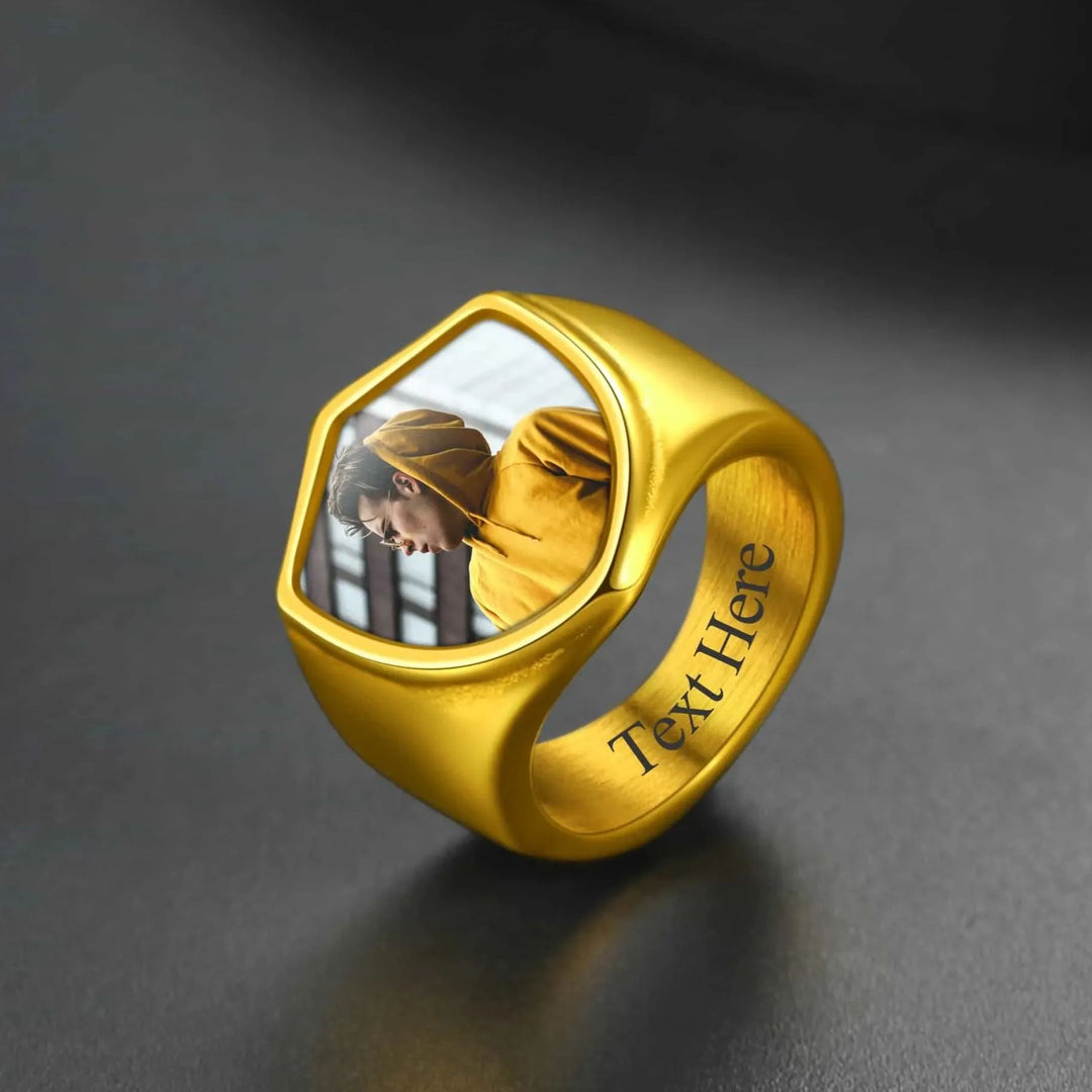 Customized Shield Signet Ring with Photo Memorial Gift for Men and Women