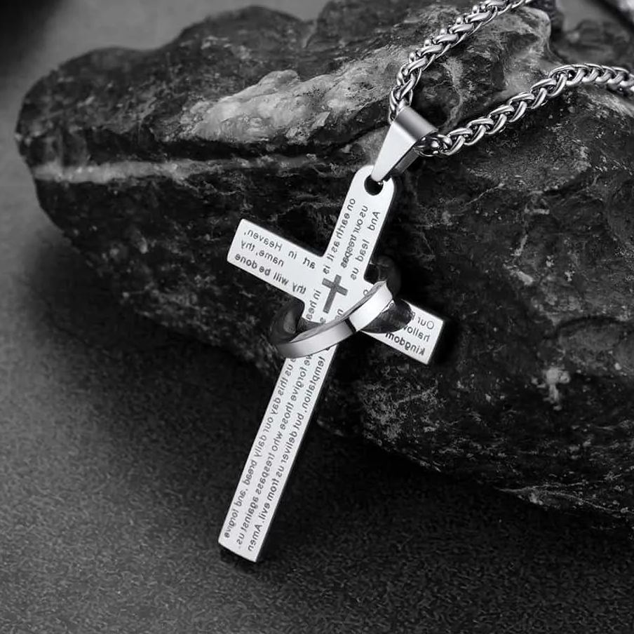 Lord's Prayer Cross Necklace With Halo Ring For Men