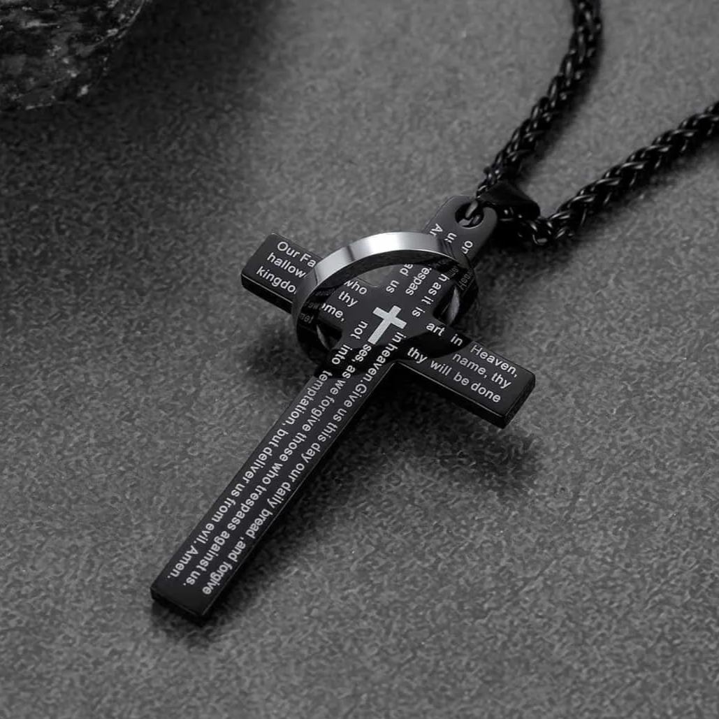 Lord's Prayer Cross Necklace With Halo Ring For Men