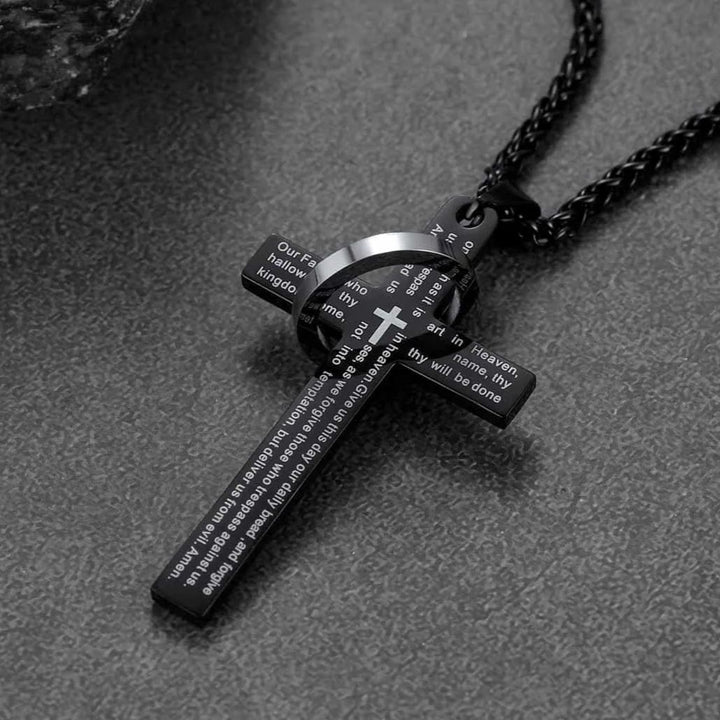 Lord's Prayer Cross Necklace With Halo Ring For Men