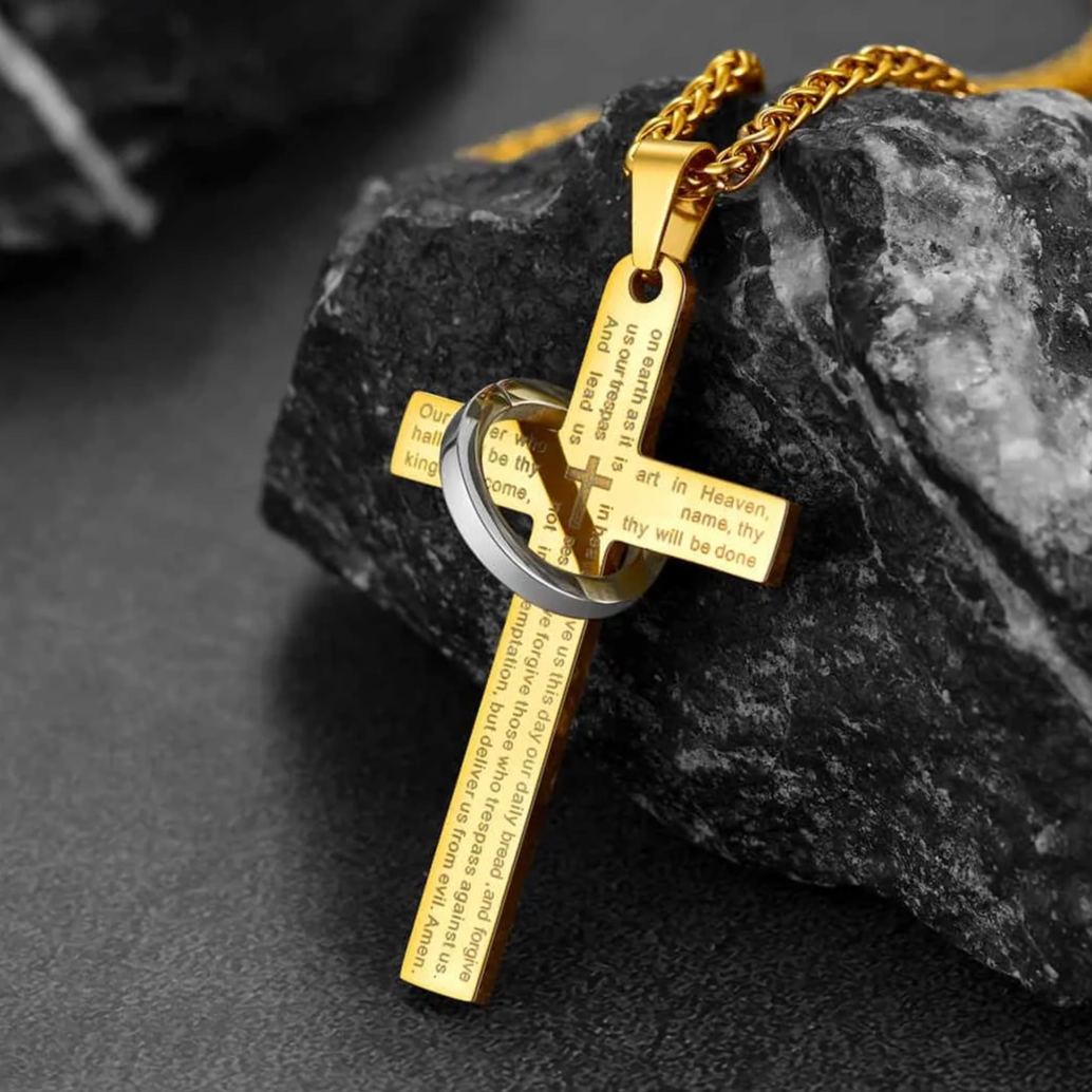 Lord's Prayer Cross Necklace With Halo Ring For Men