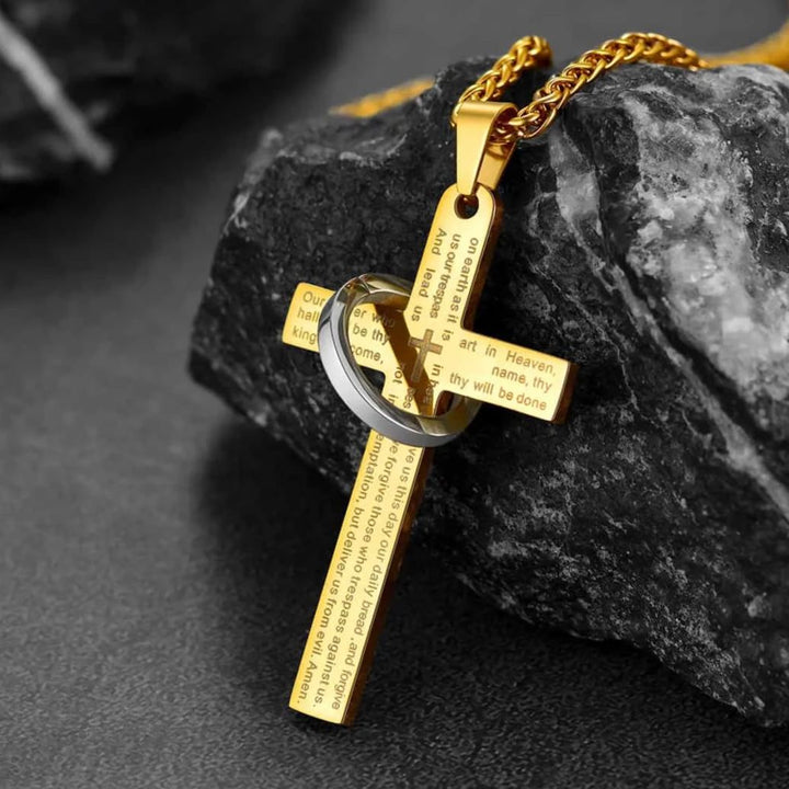 Lord's Prayer Cross Necklace With Halo Ring For Men
