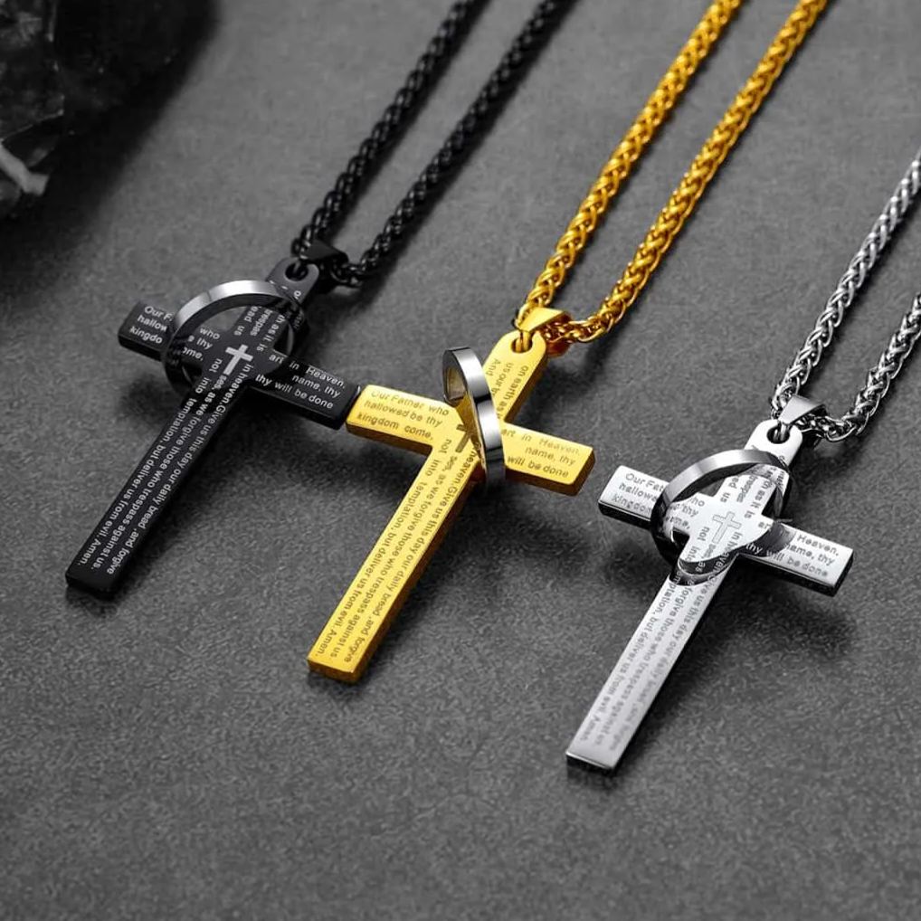 Lord's Prayer Cross Necklace With Halo Ring For Men