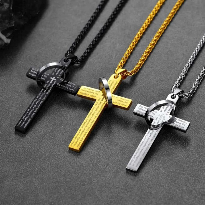 Lord's Prayer Cross Necklace With Halo Ring For Men