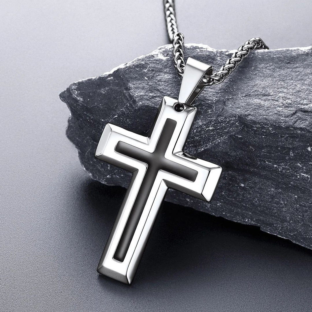 Christian Black Enamel Cross Pendant Necklace for Men Women