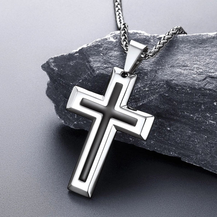 Christian Black Enamel Cross Pendant Necklace for Men Women