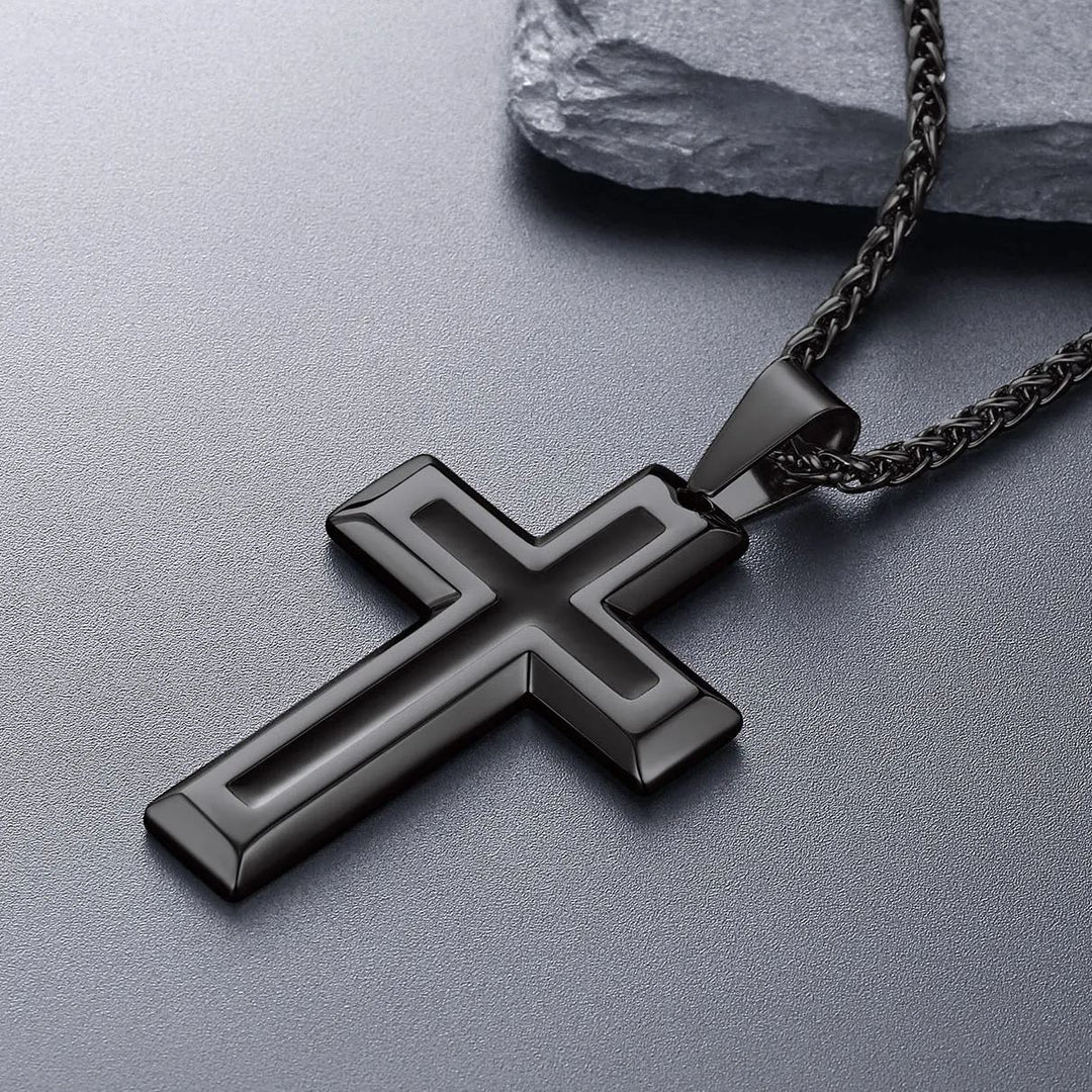 Christian Black Enamel Cross Pendant Necklace for Men Women