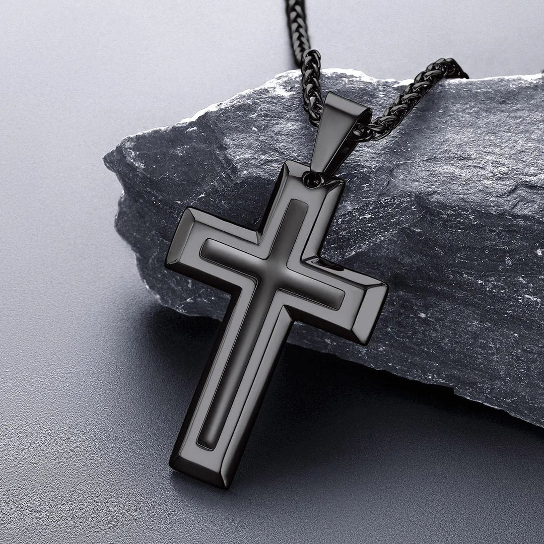 Christian Black Enamel Cross Pendant Necklace for Men Women