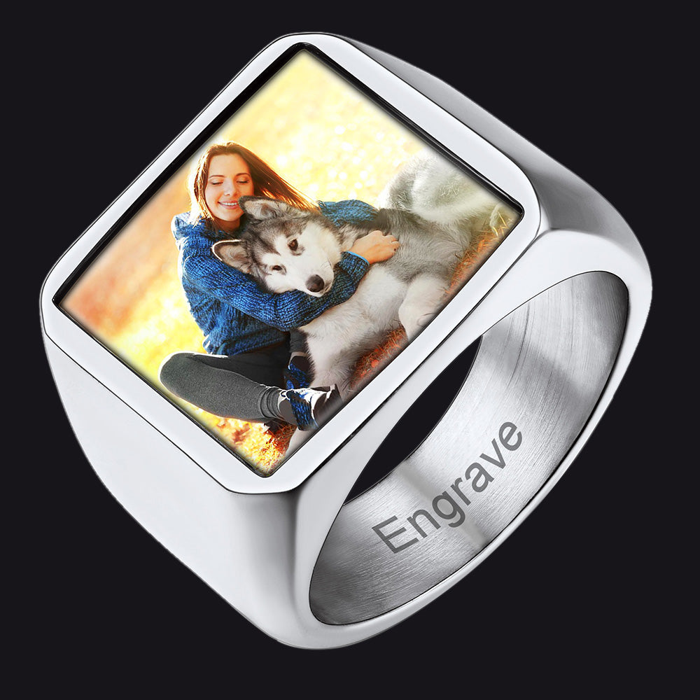 Customized Square Picture Signet Ring With Photo for Men Women