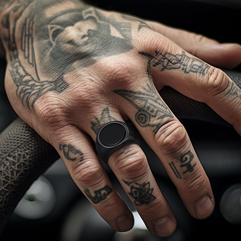 Round Black Onyx Signet Ring for Men Stainless Steel