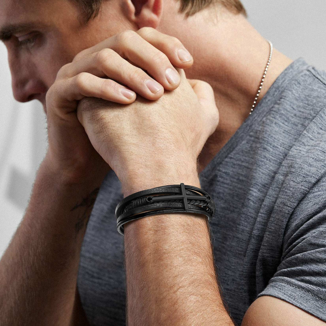 Christian Cross Braided Leather Bracelet Gift for Men