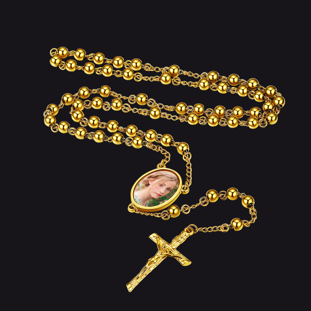 Customized Rosary Beads Cross Necklace with Picture for Women Men