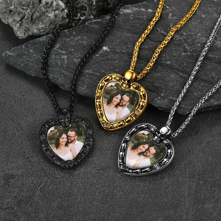 Customized Memorial Heart Photo Necklace with Skull for Men and Women