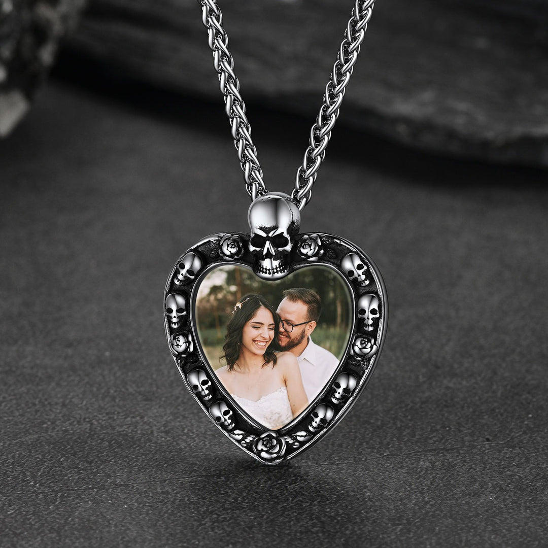 Customized Memorial Heart Photo Necklace with Skull for Men and Women
