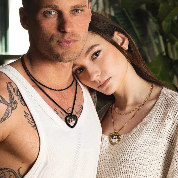 Customized Memorial Heart Photo Necklace with Skull for Men and Women