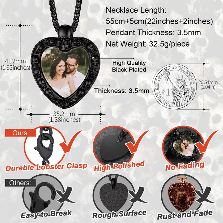 Customized Memorial Heart Photo Necklace with Skull for Men and Women