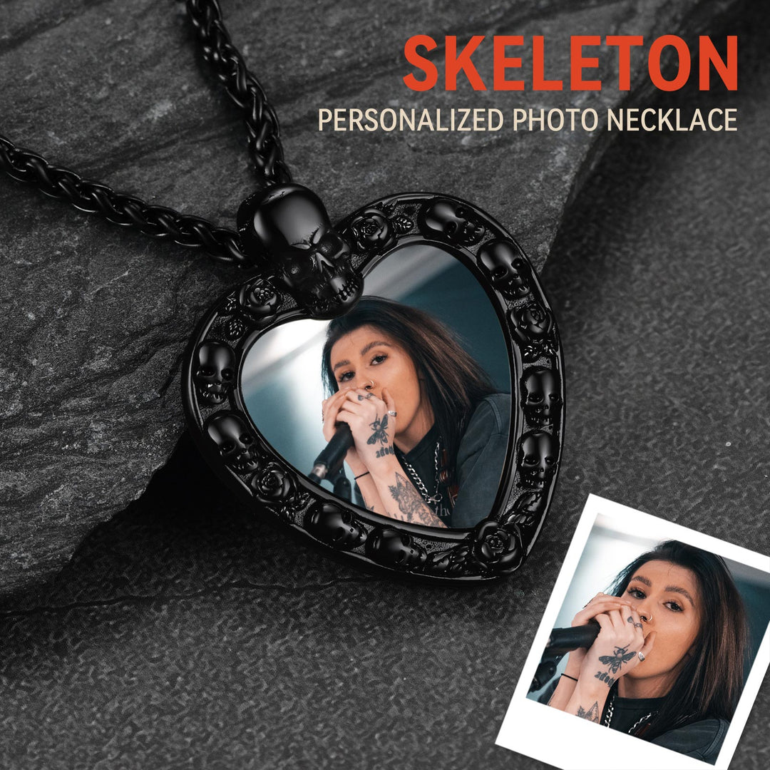 Customized Memorial Heart Photo Necklace with Skull for Men and Women