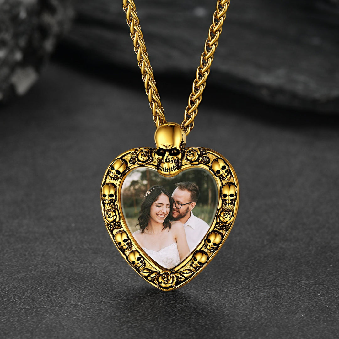 Customized Memorial Heart Photo Necklace with Skull for Men and Women