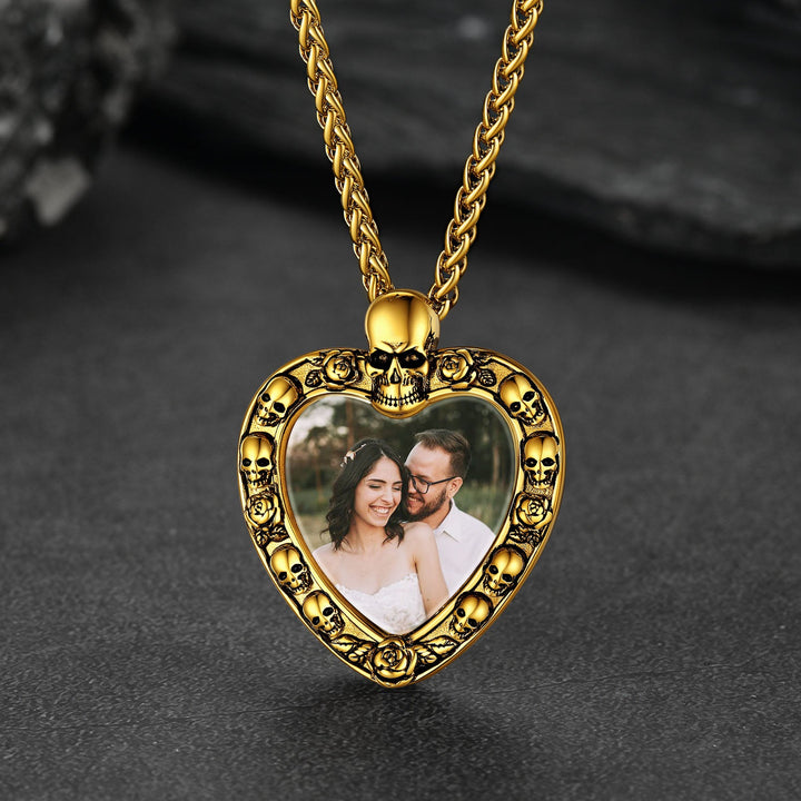 Customized Memorial Heart Photo Necklace with Skull for Men and Women