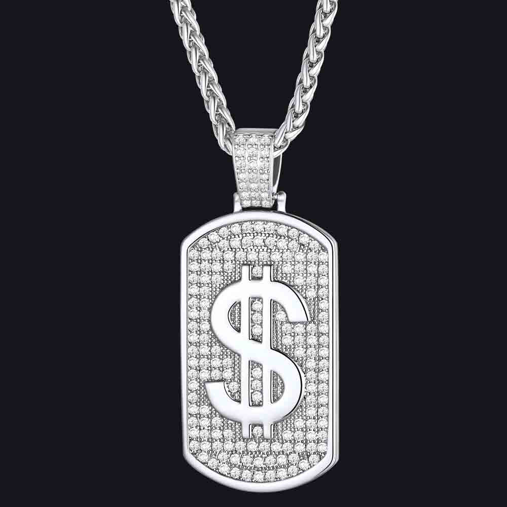 Dollar Cubic Zirconia Bling Dog Tag Necklace for Men Women