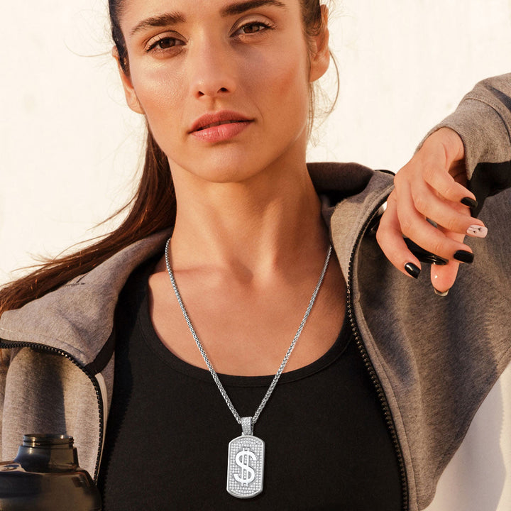 Dollar Cubic Zirconia Bling Dog Tag Necklace for Men Women