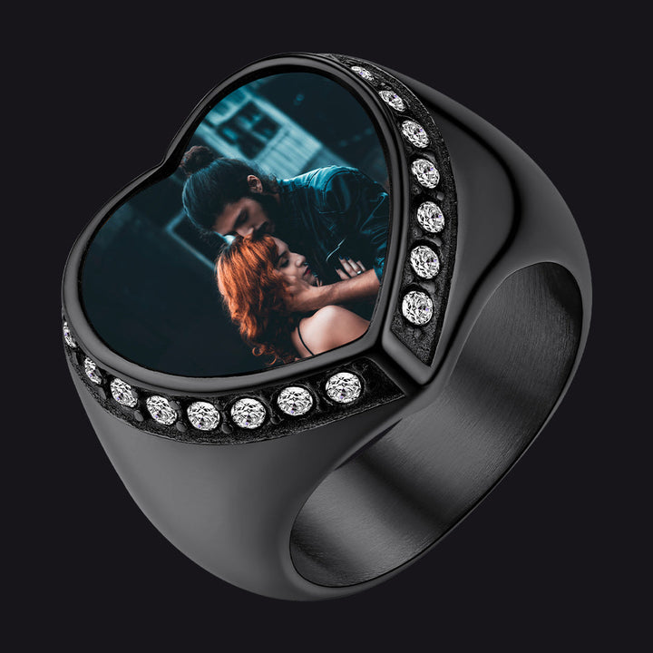 Personalized Custom Heart Photo Signet Ring for Women and Men